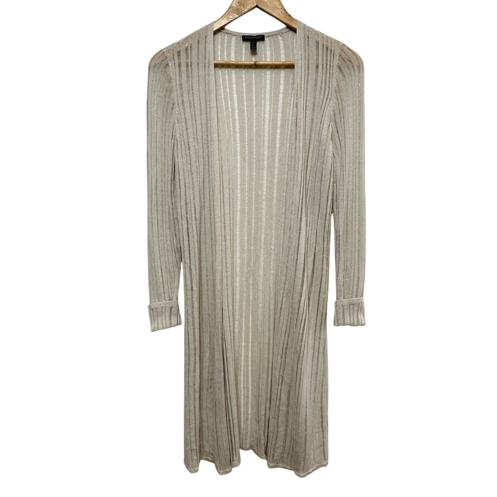 Eileen Fisher Tencel Sheer Ribbed Knit Open Front Long Duster Cardigan Womens PS